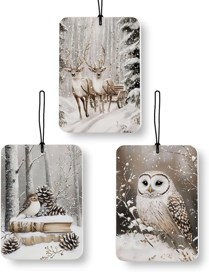 Winter Christmas Animal Car Air Freshener 3 Pcs, Rustic Winter Snowy Forest Bird Reindeer Owl Air Freshener Hanging Decor for Cars Closet Drawer Books Accessories Gifts