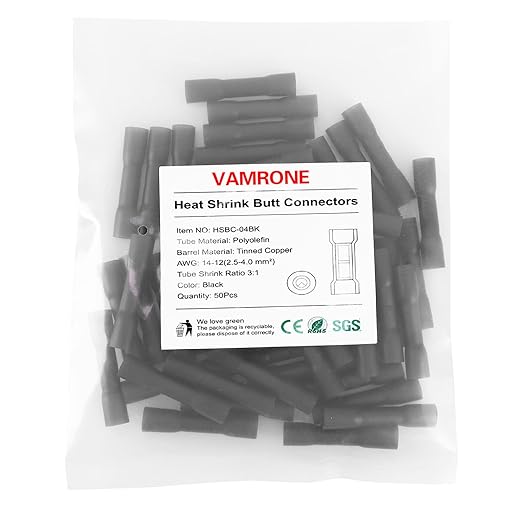 Heat Shrink Butt Wire Connectors, 50Pcs 14-12 AWG Black Insulated Waterproof Electrical Wire Connectors Automotive Marine Grade Wire Crimp Terminals Butt Splices, Ideal for Boat, Truck, Stereo Black