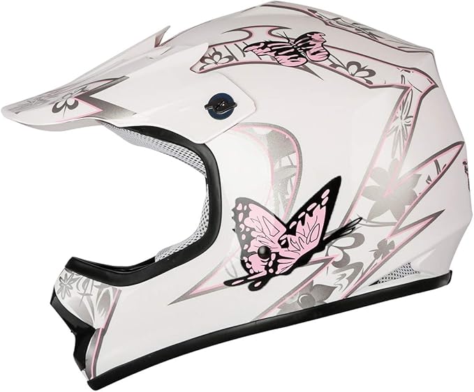 XFMT DOT Youth Kids Dirt Bike Helmet Full Face Motocross Helmets for Off-Road ATV Street Bike Four Wheeler Motorcycle with Goggles & Gloves, Pink Butterfly Small