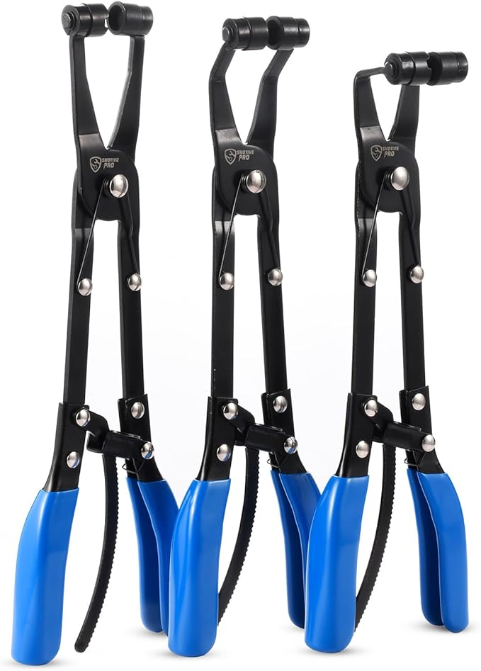 3-Piece Hose Clamp Pliers Set with Locking Assist - 45°/90°/Straight Heads & Rotatable Clamp Jaw - Professional Hose Clamp Tool for 1.1"-2.3" (3-6cm) Hose Clamps
