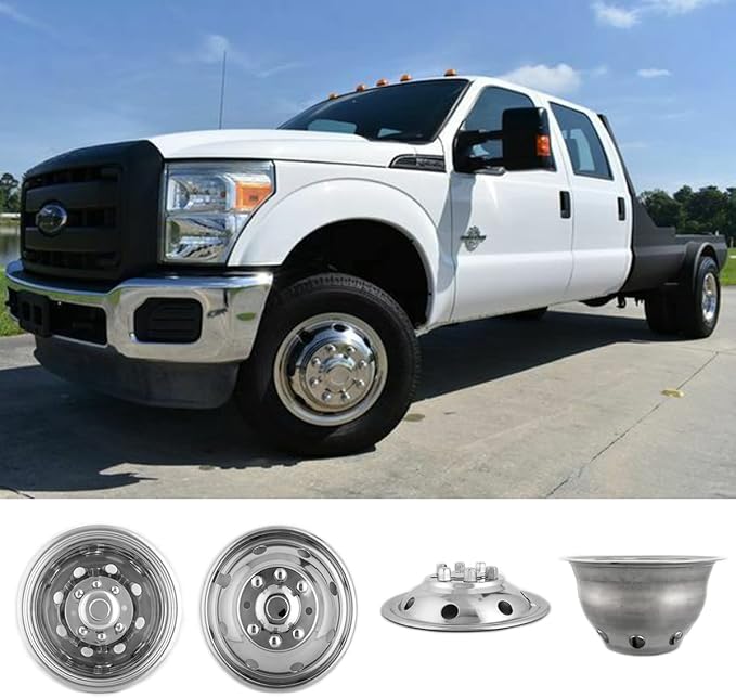 4pcs 16" Polished Stainless Steel Dually Wheel Simulators, Nice Looking Bolt On 8 Lug 8 Hand Hole Hubcaps Fit for 1974-1998 Ford F350;1992-2021 E350/E450; 1974-1999 Dodge Ram 3500 6F80