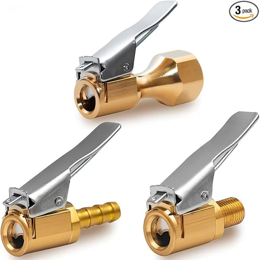 3 Pack Brass Locking Tire Air Chuck with Adapter, Heavy Duty Universal Locking Air Chuck, Solid Brass Air Chuck Suitable for Tire Inflation Hose