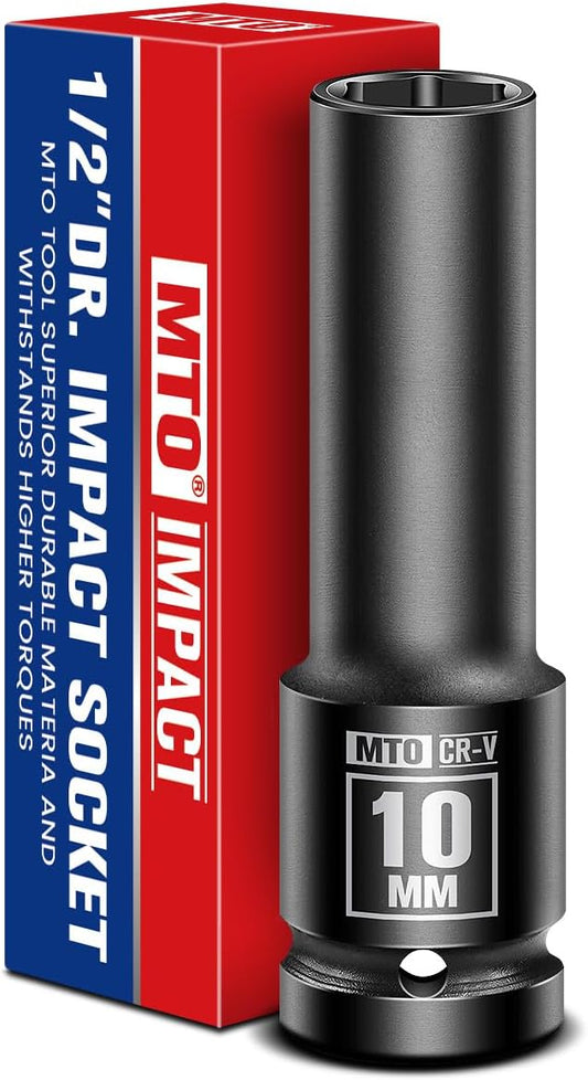 MTO 1/2" Drive 10mm Deep Impact Socket, 6-Point Metric Socket for Automotive Maintaince, CR-V Steel Meets ANSI Standards