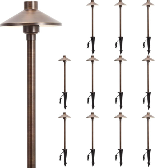 Gardencoin Solid Brass Low Voltage Pathway Lights (6.7'' Shade, 21.9'' Tall), 12V AC/DC Heavy Duty LED Landscape Path Lights Outdoor Wired, Antique Bronze Walkway Lights with Larger Stake, 12-Pack