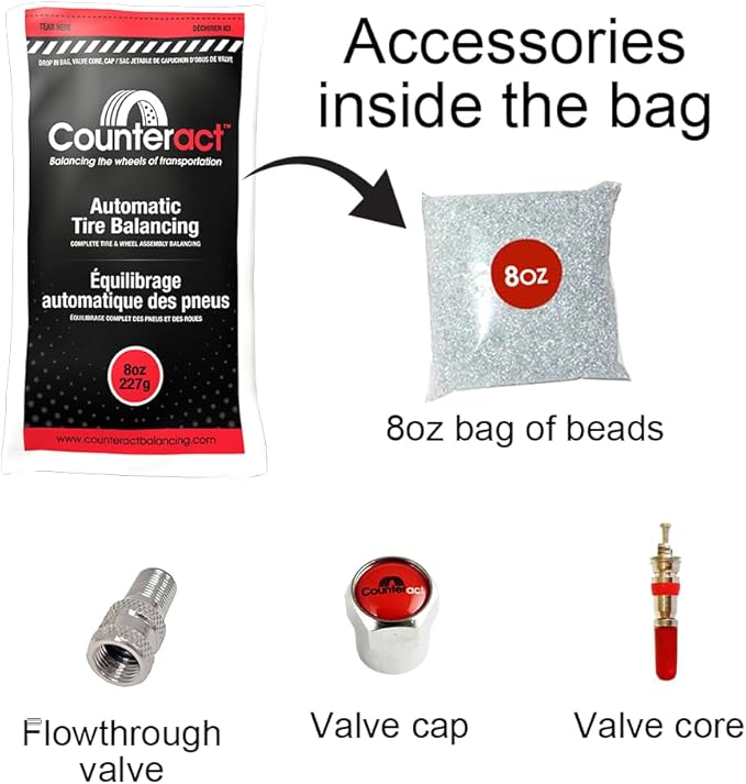 Counteract DIYK-8 Do It Yourself Tire/Wheel Balancing Beads Kit - Off -Road, Light/Medium Duty Truck Tires, (4) 8oz DIY Bead Bags, (4) Valve Caps and Cores, (1) Core Remover, Injector Bottle