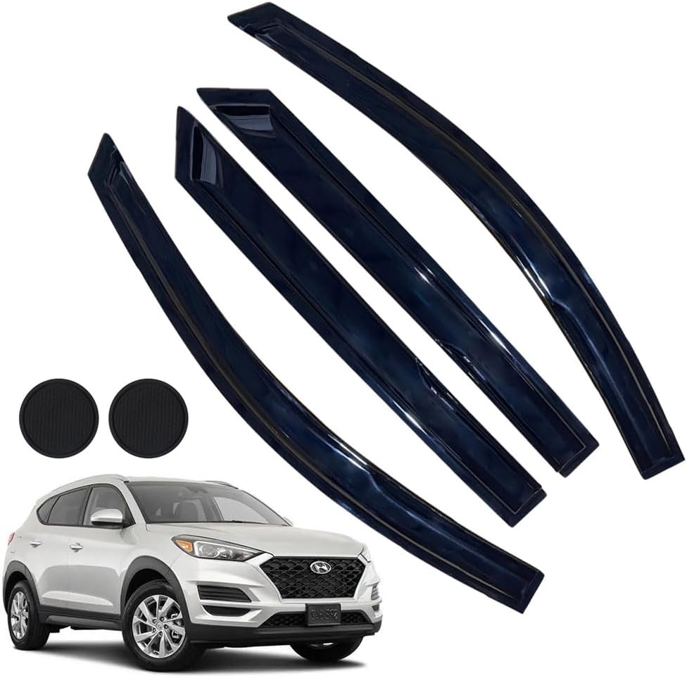 Rain Guards for Hyundai Tucson SEL 2016-2021, Tape-on Side Window Deflectors for Hyundai Tucson, Window Visors for Hyundai Cars,for Hyundai Car Accessories 4 Rain Guards ＆ 2 Car Coasters