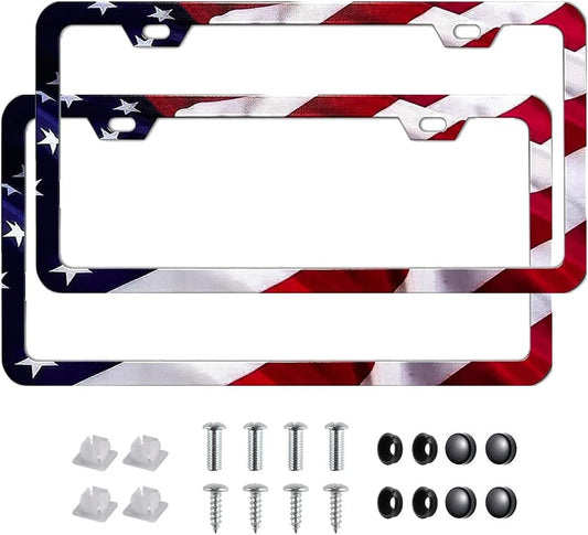 2Pack US Flag License Plate Frames- Heavy Duty Rustproof Flag License Plate Tag Holder Bracket Fits All US States with Screws Included