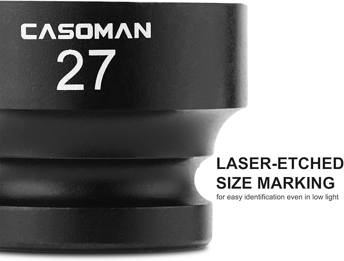 CASOMAN 1/2" Drive 27mm Stubby Impact Socket Set, 6-Point, 1.1" Length, CR-MO, Metric