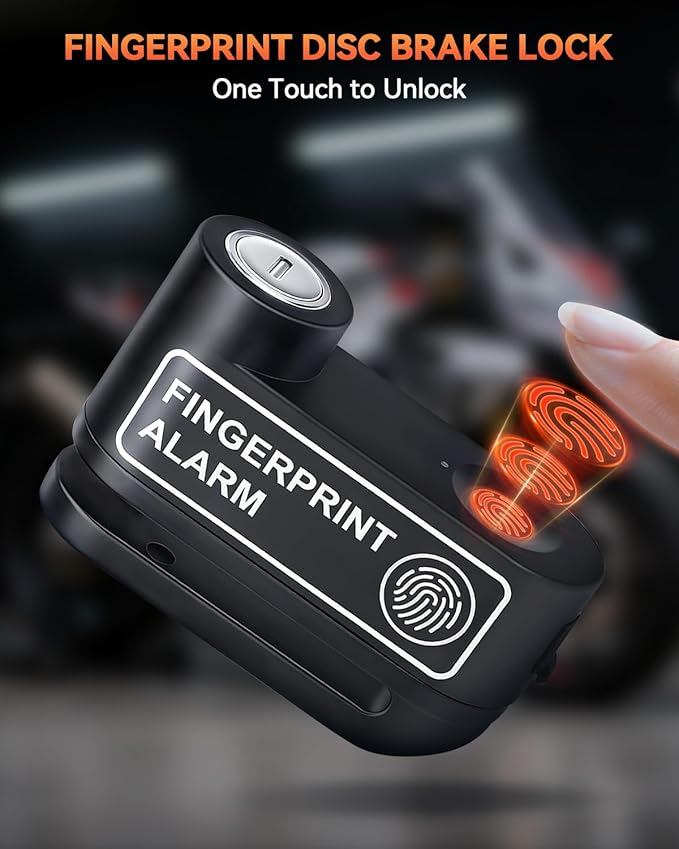 YBLNTEK Motorcycle Disc Brake Lock with Alarm, Fingerprint Anti-Theft Motorcycle Lock Rechargeable, 7mm Pin Disc Locks with 5ft Reminder Cable for Motorbike Scooter Bikes