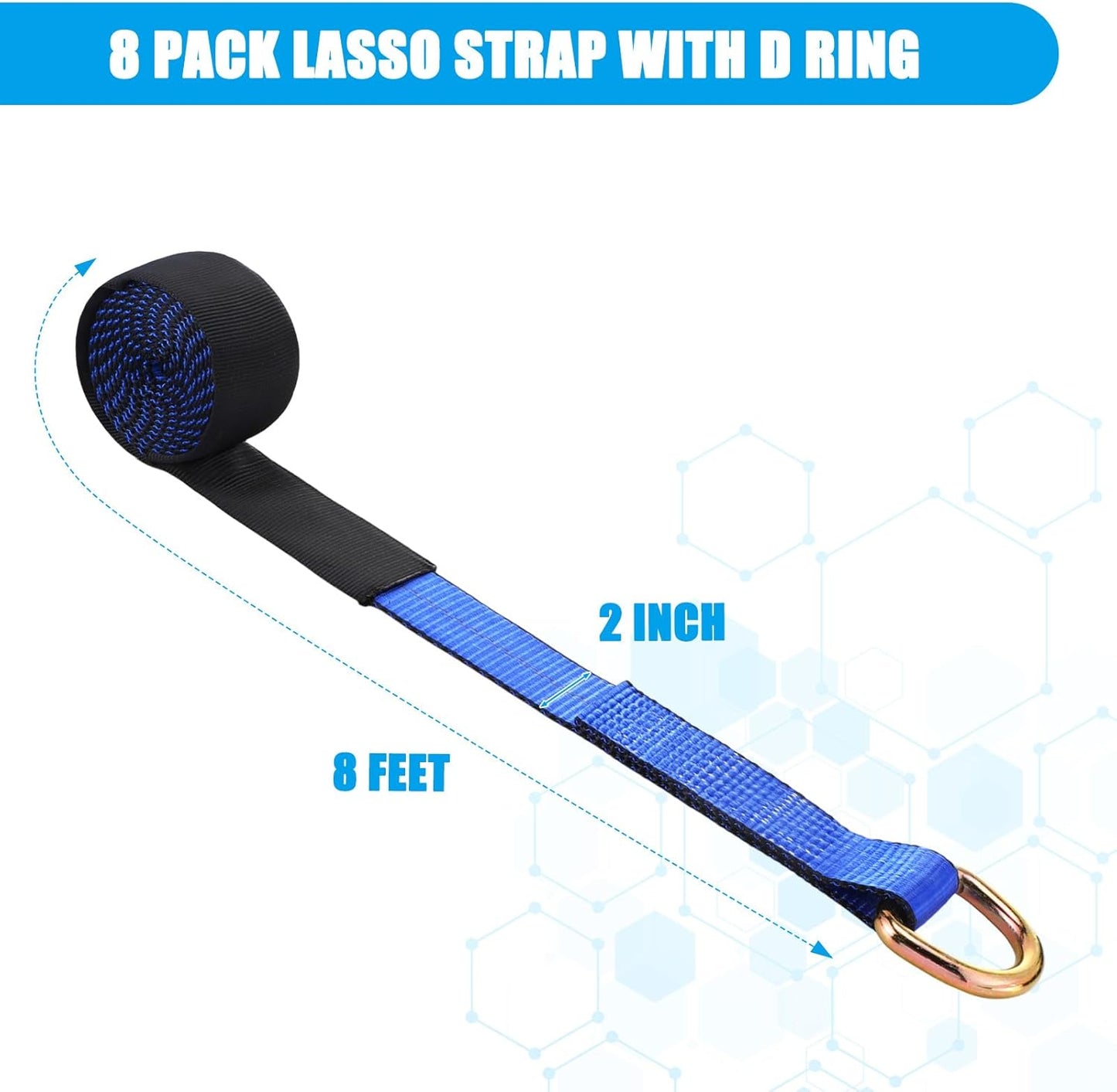 8Pack 2'' X 8ft Tow Truck Straps Lasso Wheel Lift Straps Lasso Tow Strap with D Ring 11, 000 Lbs Break Strength Auto Tie Down Auto Hauler for Trailer Truck Tie(Blue)