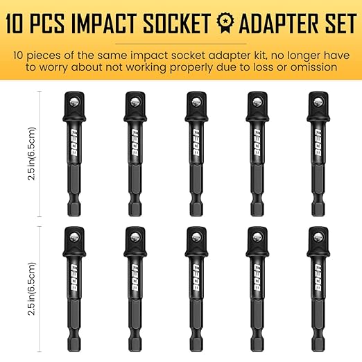 BOEN 10-Piece 3/8" Drive Impact Grade Socket Adapter Set, 1/4-Inch SAE Hex Shank Drill Bit Adapter for Power Drill to High Torque Impact Wrench