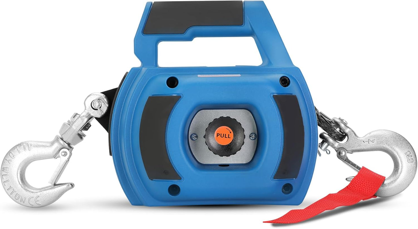 Portable Drill Winch of 1000 LB, Red Handheld Drill Winch with 40 Foot Synthetic Rope, Rotate The Hook 360 Degrees, for Lifting & Dragging (Blue)