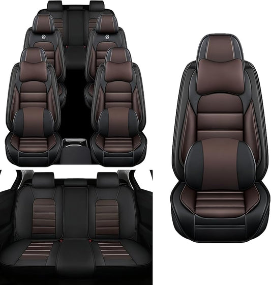 Car Seat Covers Fit for Toyota Highlander 2000-2025 | 7 Seat Car Seat Cover | No-Slip Waterproof Breathable Faux Leather Automotive Seat Covers Auto Interior Covers Coffee brown,Full Set with Pillow