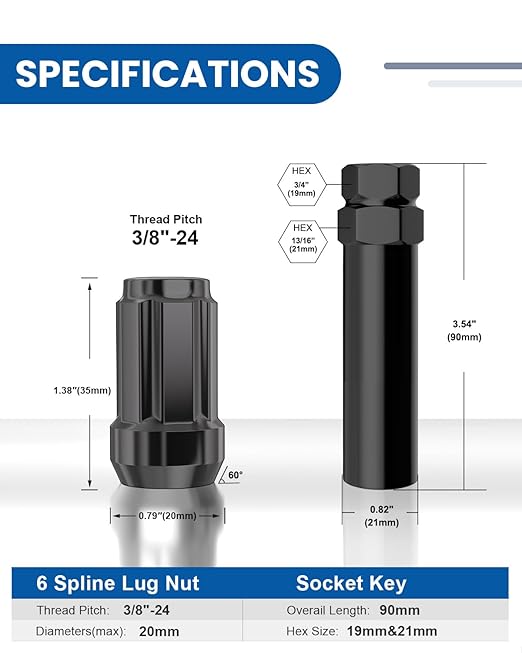 GAsupply 3/8"-24 ATV Lug Nuts Black, Closed End Acorn Spline Lug Nut Set 1.37" 35mm Tall Conical/Cone Seat for Aftermarket Wheels, 16pcs+1 Spline Lock Key
