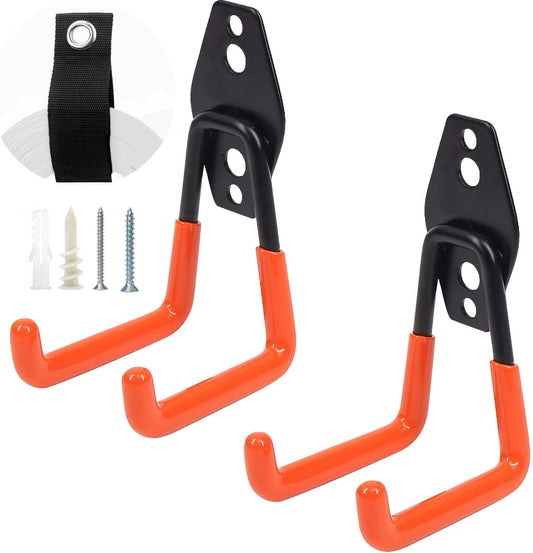 Heavy-Duty Garage Hooks -4 Pack Type small J - Anti-Slip Coated Wall-Mounted Hooks Wall Mount Storage Organizer for Hanging Power and Garden Tools, Ladders, Hose, Bikes, Ropes, Bulk Items, and More