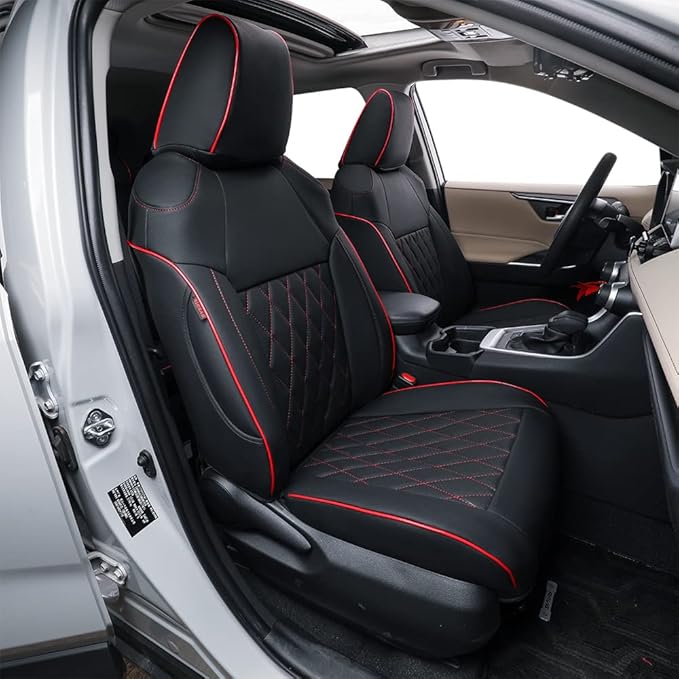 EKR Rav4 Seat Covers Custom Fit for Toyota Rav4 2019 2020 2021 2022 2023 2024 2025 LE,XLE,XLE Premium,Limited, Leather Truck Seat Cover Full Set for SUV,Faux Leather(Black with Red Piping)