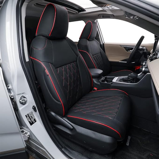 EKR Rav4 Seat Covers Custom Fit for Toyota Rav4 2019 2020 2021 2022 2023 2024 2025 LE,XLE,XLE Premium,Limited, Leather Truck Seat Cover Full Set for SUV,Faux Leather(Black with Red Piping)