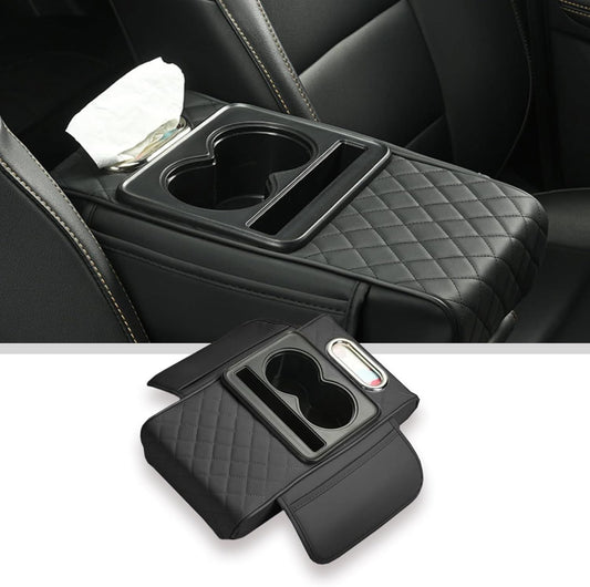 Car arm Rest Cover Pad, 5-in-1 Center Console Cover with Cup Holder, Tissue Box Slot, Mobile Phone Storage Slot, Suitable for Most Car Console Organizer, 13.8''x7.1''x3.0'', (Black)