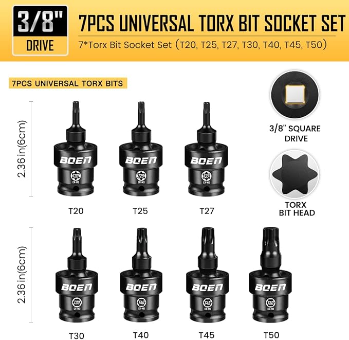 boen 3/8" Drive Universal Torx Bit Socket Set, 7-Piece SAE Impact Swivel Star Bit Sockets, 360° Rotation Flexible Wobble Torx Bit Driver Socket Set, With Storage Rail, CR-MO Steel