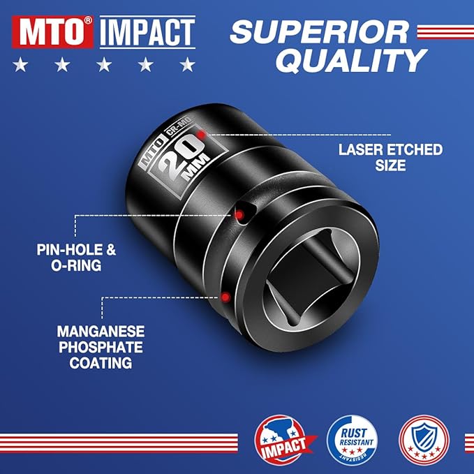MTO 1/2" Drive 20mm Shallow Impact Socket, 6-Point Metric Socket, CR-MO Steel & Anti-Corrosion Coating for Tight Spaces and Heavy-Duty Tasks