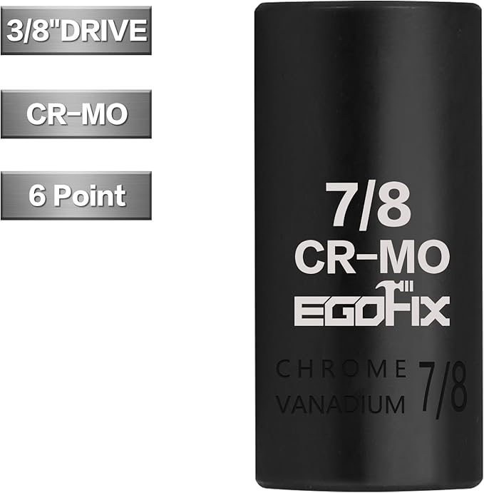 3/8" Drive Deep Impact Socket, 7/8 Inch SAE Socket, CR-MO 6 Point for Easy Removal of Axle Nut