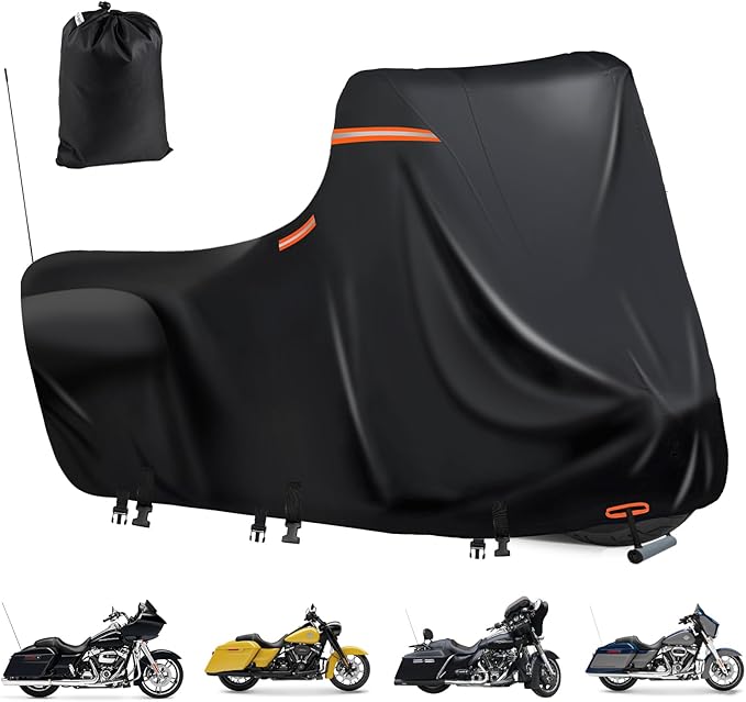 Motorcycle Covers Waterproof Outdoor Storage,600D Large Motorcycle Cover,Nano Silver Inner,fits Street Glide,Road Glide, Road King Special,Sports Motorcycle Cover,Side Box(118"X43.3"X56" Black)