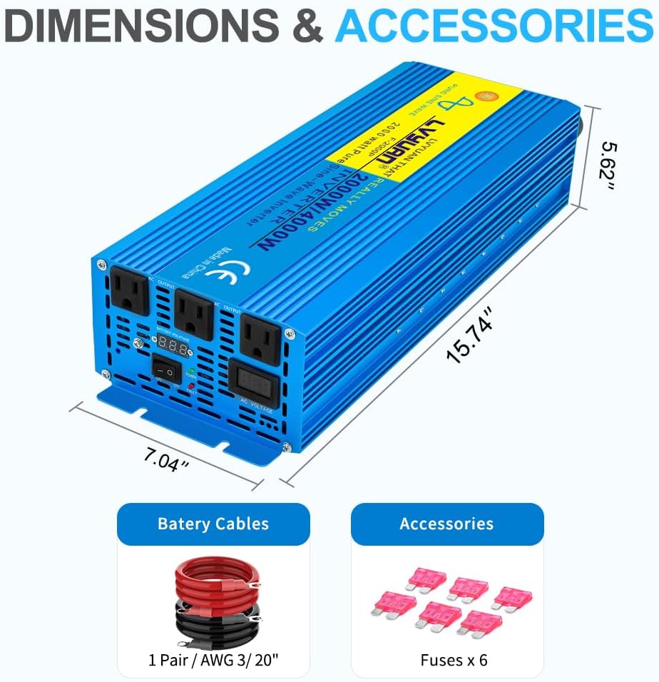 LVYUAN 2000 Watt Pure Sine Wave Inverter 12V to 110V 120V DC to AC with 3 AC Sockets, LED Display, Car Power Inverter for Vehicles Home RV Camping Truck Solar System