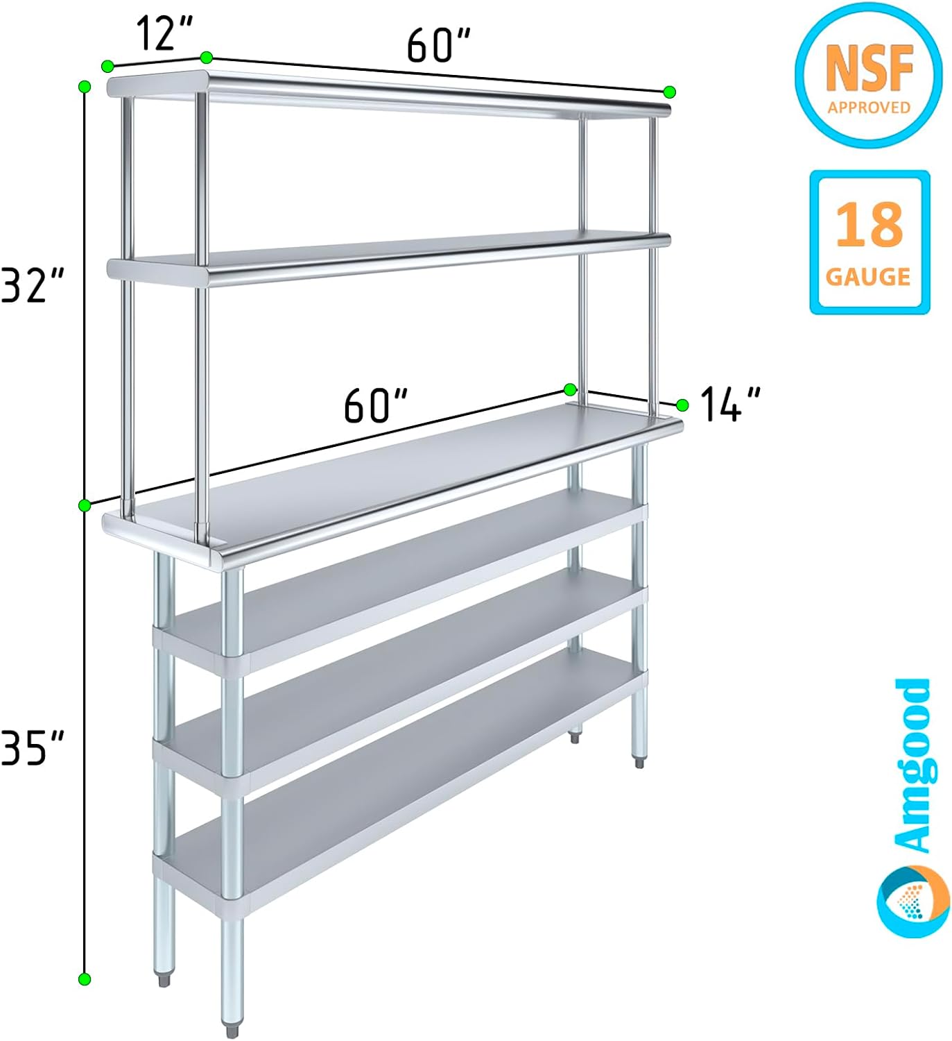 Amgood 14" x 60" Stainless Steel Work Table with 3 Shelves and 12" Wide Double Tier Overshelf | Metal Kitchen Prep Table & Shelving Combo | NSF