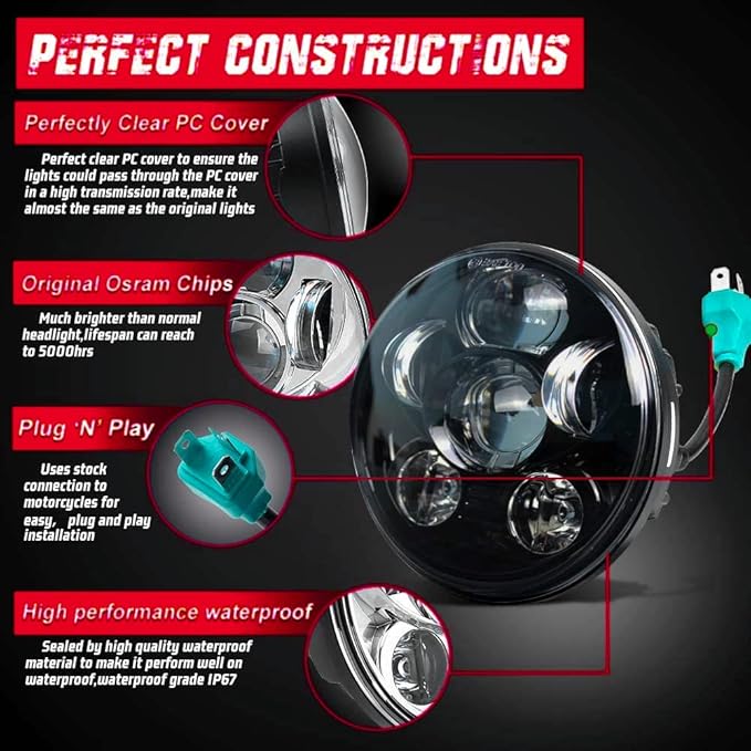 SLK-Lights VT1300 Fury Daymaker LED Headlight 5 3/4in - Direct Fit - Plug & Play - Compatible Honda VT1300 2010-2025 Honda Fury, Sabre, Interstate, and Stateline (RED)