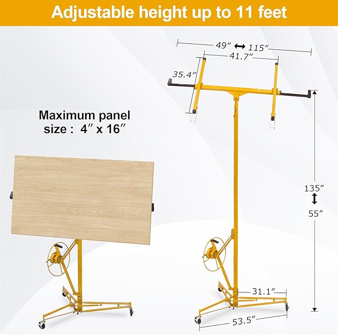 11FT Drywall Lift Sheetrock Lift, 150LBS Capacity, Drywall Lift Panel Hoist with Black Telescopic Arm, Drywall Jack Lift with 3 Lockable Wheels for Home Improvement, 4'x16' Panel Size, Yellow