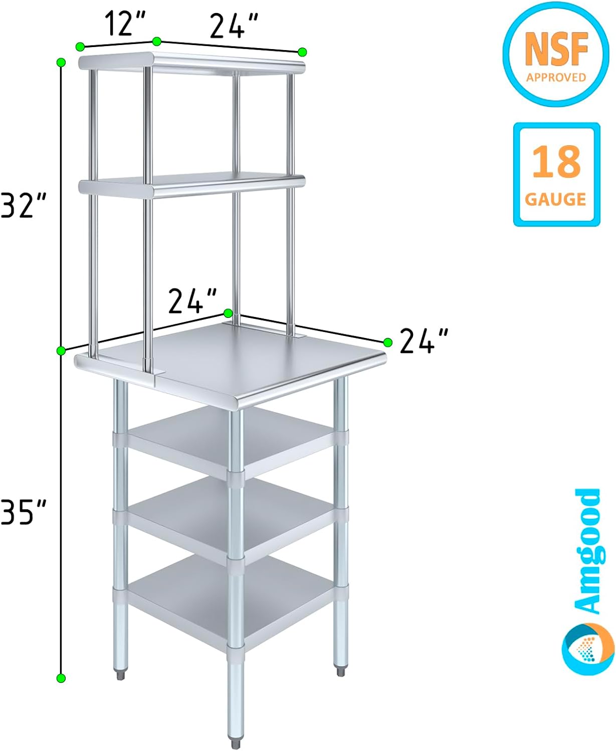 Amgood 24" x 24" Stainless Steel Work Table with 3 Shelves and 12" Wide Double Tier Overshelf | Metal Kitchen Prep Table & Shelving Combo | NSF