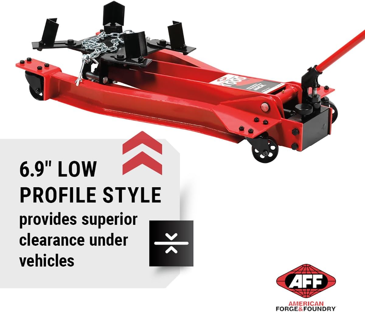 AFF Low Profile Manual Hydraulic Transmission Jack - Heavy Duty Steel Body, Adjustable Saddle with Safety Chain & 360 Handle - For Transmissions, Transfer Cases & Differentials (Multiple Capacities)
