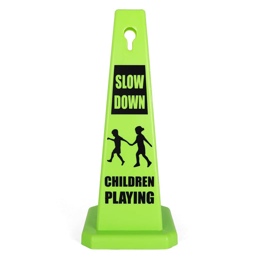 Imperial Standard Children Playing Cone - Children at Play Sign - Four-Sided Slow Down Kids Cones - Child at Play Signs - Drive Slow/Kid Alert Sign (2 Pack - Green)