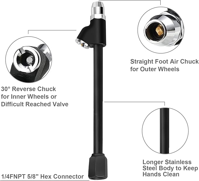 GODESON Air Chuck,1/4" FNPT Extended Reach Dual Head Chuck Set with Quick Plug,2-Way Connect Tire Chucks for Bikes,Motorcycle,Car,and Etc,Tire Air Chuck for Tire Inflator Gauge or Air Compressor