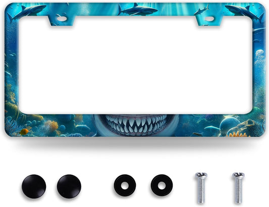 Shark License Plate Frame Ocean Marine Fish License Plate Holder Funny Stainless Steel Accessories Cars Decor with 2 Holes and Screws Fits Standard Us Ca Vehicles License Plate Frames 12.2 X 6 Inch