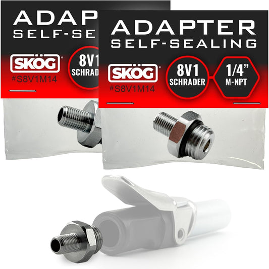 Self-Sealing Tire Inflator Adapter (2 Pack) – 1/4” NPT Male to Schrader Valve, Leak-Free O-Ring, No Tape Needed