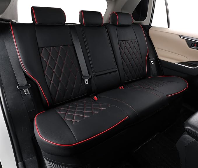 EKR Rav4 Seat Covers Custom Fit for Toyota Rav4 2019 2020 2021 2022 2023 2024 2025 LE,XLE,XLE Premium,Limited, Leather Truck Seat Cover Full Set for SUV,Faux Leather(Black with Red Piping)