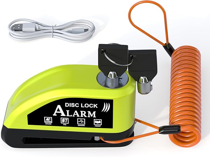 Motorcycle Lock Rechargeable, Alarm Disc Brake Lock with Reminder Cable, 110 dB Alarm Sound, Anti-Theft Waterproof, 2 H Fast-Charging, 9 Months Standby, 7 mm Lock Pin Universal for Bikes