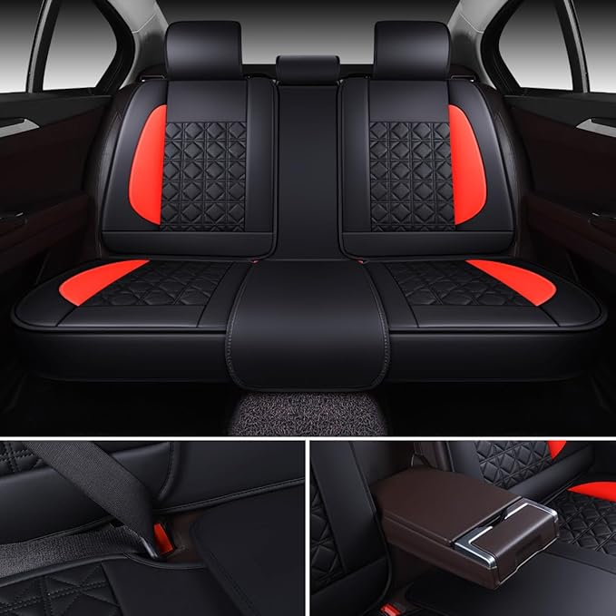 OASIS AUTO Car Seat Covers Full Set Premium Waterproof Faux Leather Cushion Universal Accessories Fit SUV Truck Sedan Automotive Vehicle Auto Interior Protector (OS010-Black&Red)