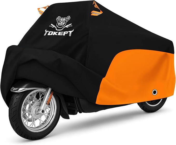 Motorcycle Cover, Heavy Duty Outdoor Waterproof Motorcycle Cover, Motorcycle Scooter Cover with Locking Holes for Yamaha Honda Suzuki Kawasaki up to 96 Inch (XL Black&Orange)