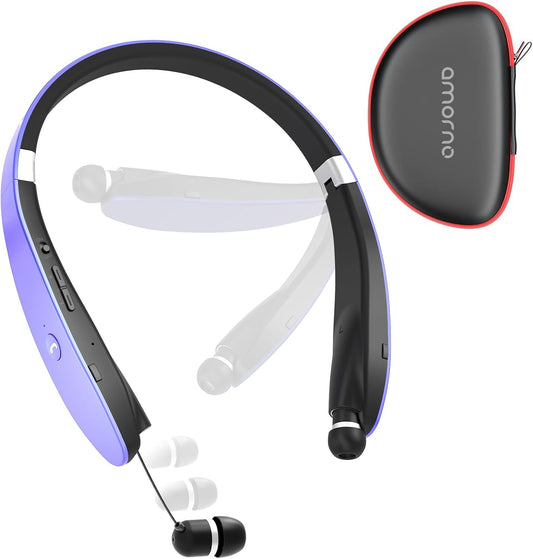 AMORNO Foldable Bluetooth Headphones Wireless Neckband Headset with Retractable Earbuds, Sports Sweatproof Noise Cancelling Stereo Earphones with Mic