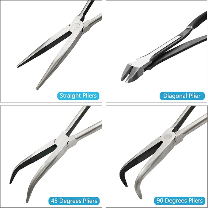 4-Piece 11" Extra Long Needle Nose Pliers Set with Insulated Comfort Grip, Straight Long Reach, 45/90°Bent Nose & Diagonal Pliers for Bending, Shaping & Trimming in Narrow Spaces