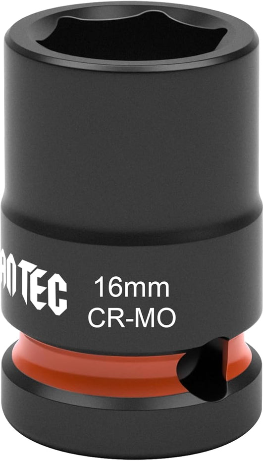 1/2 Inch Drive - 16mm Shallow Impact Socket with Anti-Rounding 6 Point Design, Heat-Treated Cr-Mo Steel, Automotive, Truck Maintenance, Heavy Equipment Repair