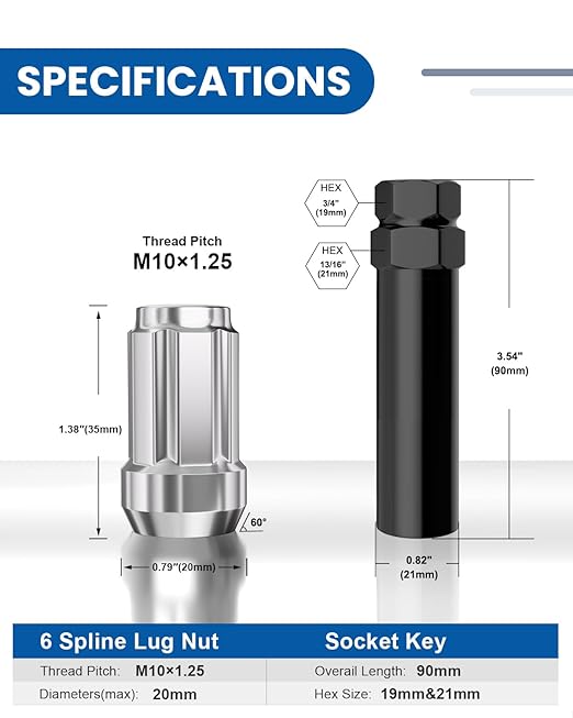 GAsupply 10x1.25 ATV Lug Nuts Spline, 10x1.25mm Closed End Acorn Tuner Lug Nuts 1.37" Tall Conical Seat 60 Degree for Aftermarket Wheels, 16 Pack+ 1 Lug Nut Lock Key Socket