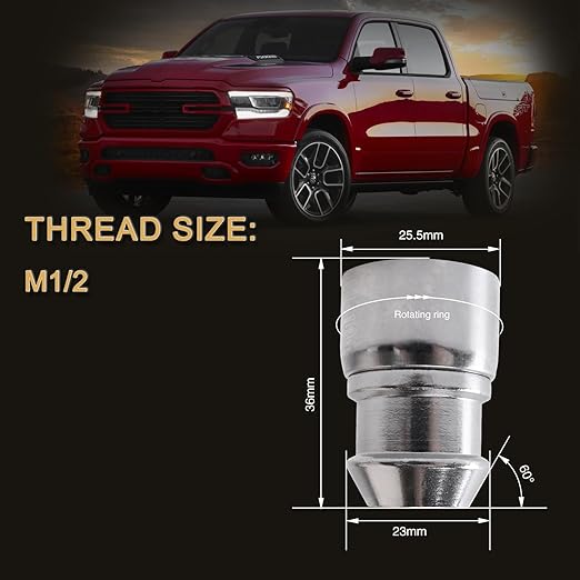 1/2 Wheel Locks, Fit for Cherokee, Grand Cherokee, Liberty, Wrangler, Nitro, Explorer, Wheel Locks Set, 4 Locking Lug Nuts 2 Pcs Key with 20Pcs Spike Lug Nuts+1 Key, Chrome
