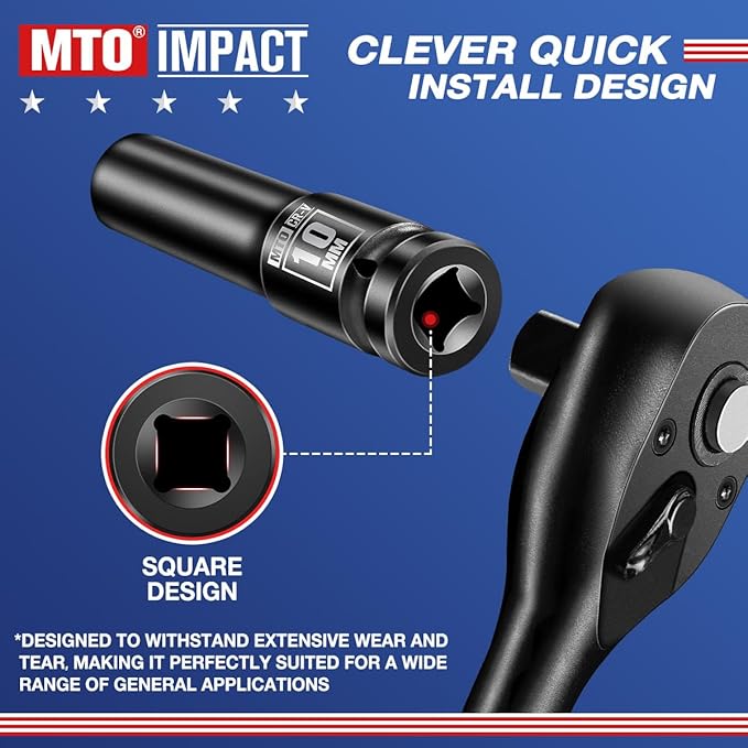 MTO 1/2" Drive 10mm Deep Impact Socket, 6-Point Metric Socket for Automotive Maintaince, CR-V Steel Meets ANSI Standards