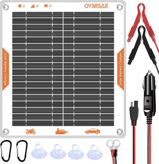 OYMSAE 5W 12V Solar Car Battery Charger Portable Waterproof Solar Power Battery Charger & maintainer with Trickle Cigarette Lighter Plug & Alligator Clip