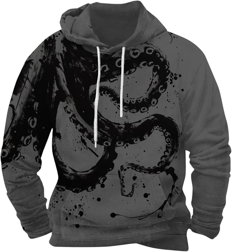 Mens Animal Print Graphic Hoodies Casual Long Sleeve Japanese Art Style Hooded Sweatshirt Lightweight Pullover Tops