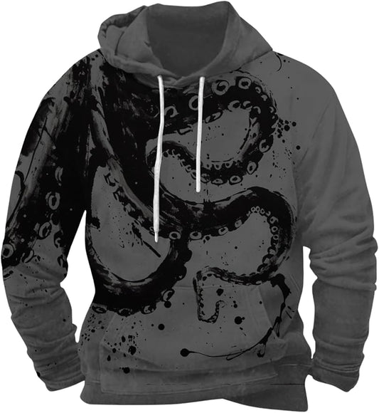 Mens Animal Print Graphic Hoodies Casual Long Sleeve Japanese Art Style Hooded Sweatshirt Lightweight Pullover Tops