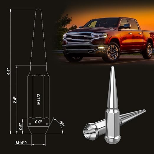 24PCS 14x2 Chrome Cone/Conical Bulge Seat Wheel Spike Lug Nuts with 1 Socket Key Compatible with Expedition 2000-2018, F-150 99-14, Lobo 09-14, Mark LT 05-08, Navigator 2000-2014